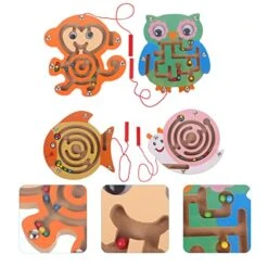 Jojofuny 4pcs Wooden Maze Toys, Children Magnetic Beads Maze, Magnetic Maze Puzzle, Maze Board Game, Preschool Animals Birthday Party Favor Gift For Boy And Girl