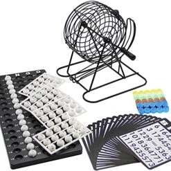 Lulu Home Bingo Game Set , 8 Inch Metal Bingo Cage Include 3/5 Inch White Balls, Bingo Chips, Bingo Board, 18 Bingo Cards, Black
