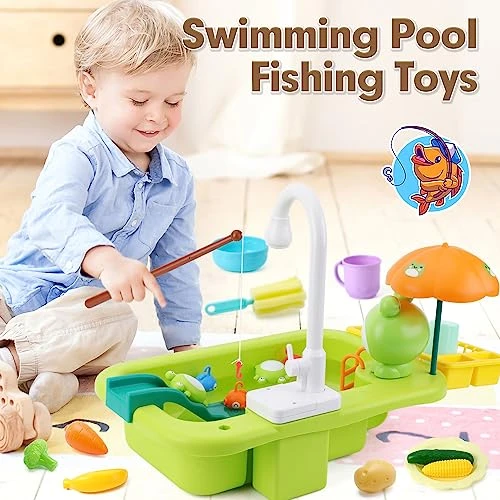 SINOMARS Kids Sink With Running Water, Play Sink With Automatic Water Cycle System,Fishing Game,Dish Rack And Play Food, Pretend Play Toddler Sink Toy Dishwasher For Boys Girls Toddlers 1-3 6 SINOMARS Kids Sink With Running Water, Play Sink With Automatic Water Cycle System,Fishing Game,Dish Rack And Play Food, Pretend Play Toddler Sink Toy Dishwasher For Boys Girls Toddlers 1-3 - Image 4