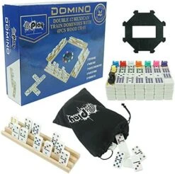 PUREPLAY Mexican Train Dominoes Set - Double 12 Colored Dot Dominoes - Includes 91 Tiles With 9 Trains, Plastic Pieces And Aluminum Case For 2-8 Players Ages 8+ -Folkmanis Toys Shop 51iK9RmtPgL. AC