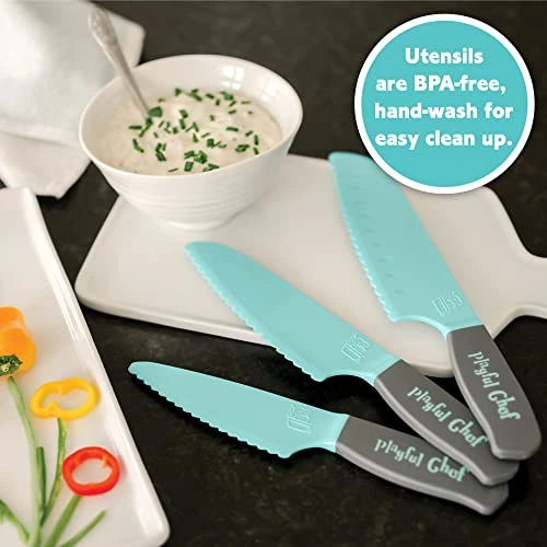 MindWare Playful Chef: Safety Knife Set For Kids – 3 Knives - Plastic Blades With Serrated Edges – Real Cooking Supplies For Boys & Girls – Safe For Little Hands Ages 5 & Up 6 MindWare Playful Chef: Safety Knife Set For Kids – 3 Knives - Plastic Blades With Serrated Edges – Real Cooking Supplies For Boys & Girls – Safe For Little Hands Ages 5 & Up - Image 4