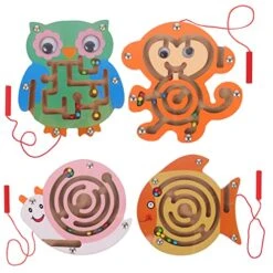 NUOBESTY 4Pcs Wooden Magnetic Maze Puzzle Game Animals Shape Maze Toys Magnetic Pen Driving Beads Interactive Maze Game Early Educational For Kids Toddler