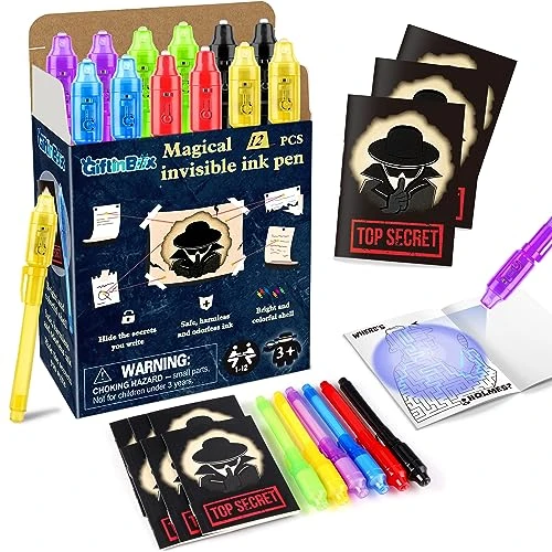 GIFTINBOX Invisible Ink Pens With UV Light For Kids, Spy Pen Party Favors For Kids 8-12, 12Pack Invisible Ink Pen And Notebook, UV Pen For Secret Message Escape Room Birthday Party Favors For Kids 4-8 3 GIFTINBOX Invisible Ink Pens With UV Light For Kids, Spy Pen Party Favors For Kids 8-12, 12Pack Invisible Ink Pen And Notebook, UV Pen For Secret Message Escape Room Birthday Party Favors For Kids 4-8