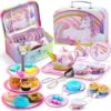 JOYIN 35Pcs Unicorn Tea Party Set For Little Girls, Pretend Tin Teapot Set, Princess Tea Time Play Kitchen Toy With Dessert, Doughnut, Carrying Case For Birthday Easter Gifts Kids Toddlers Age 3 4 5 6