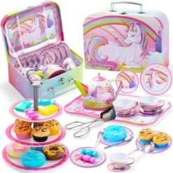 JOYIN 35Pcs Unicorn Tea Party Set For Little Girls, Pretend Tin Teapot Set, Princess Tea Time Play Kitchen Toy With Dessert, Doughnut, Carrying Case For Birthday Easter Gifts Kids Toddlers Age 3 4 5 6