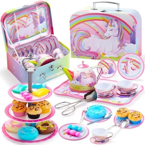 JOYIN 35Pcs Unicorn Tea Party Set For Little Girls, Pretend Tin Teapot Set, Princess Tea Time Play Kitchen Toy With Dessert, Doughnut, Carrying Case For Birthday Easter Gifts Kids Toddlers Age 3 4 5 6 9 JOYIN 35Pcs Unicorn Tea Party Set For Little Girls, Pretend Tin Teapot Set, Princess Tea Time Play Kitchen Toy With Dessert, Doughnut, Carrying Case For Birthday Easter Gifts Kids Toddlers Age 3 4 5 6 - Image 7