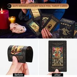 Tarot Cards With Guidebook & Divination Tablecloth,78Pcs Waterproof PVC Classic Gold Foil Tarot Deck Fortune Telling Divination Tools,Tarot Decks For Beginners And Expert Readers Use(Black Gold) -Folkmanis Toys Shop 51kBskYe8SL