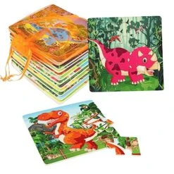 Jigsaw Puzzles, SANNIX 12 Pack Wooden Jigsaw Puzzles With 12 Organize Bags, Dinosaurs And Animals Toddlers Puzzles For Kids Ages 3-6, Party Favors Educational Learning Travel Toys For Boy, Girl