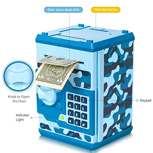 ATM Piggy Bank For Boys Girls, Vcertcpl Mini ATM Coin Bank Money Saving Box With Password, Kids Safe Money Jar For Adults With Auto Grab Bill Slot, Great Gift Toy Bank For Kids(Camouflage Blue) 5 ATM Piggy Bank For Boys Girls, Vcertcpl Mini ATM Coin Bank Money Saving Box With Password, Kids Safe Money Jar For Adults With Auto Grab Bill Slot, Great Gift Toy Bank For Kids(Camouflage Blue) - Image 3