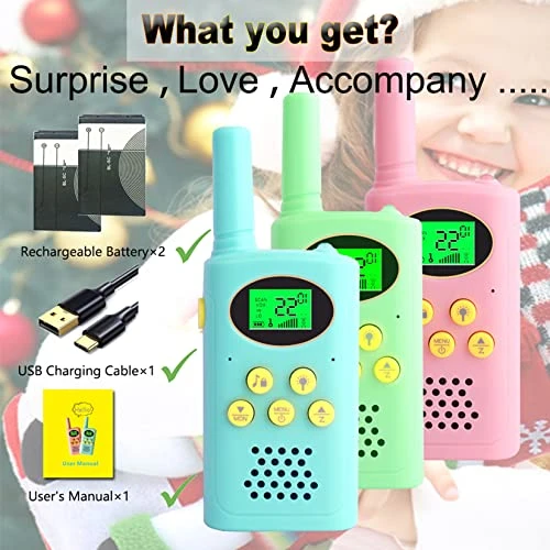 POKPOW Walkie Talkies For Kids Rechargeable 3 Pack Long Range 22 Channels 2 Way Radio Outdoor Kids Toys For Ages 3-12 Camping Hiking Birthday Xmas Easter Gifts For Boys Girls (Blue Pink Green) 7 POKPOW Walkie Talkies For Kids Rechargeable 3 Pack Long Range 22 Channels 2 Way Radio Outdoor Kids Toys For Ages 3-12 Camping Hiking Birthday Xmas Easter Gifts For Boys Girls (Blue Pink Green) - Image 5