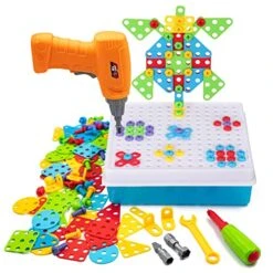 Creative Mosaic Drill Set For Kids, Creative Drilling Toy With Screwdriver Tool Playset, Electric Drill Toy & Rainbow Fasteners, Premium STEM Toys Building Set For 3+