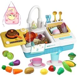 Jovow Pretend Play Kitchen Sink Toys With Play Cooking Stove,Swivel Tap Function, Colour Changing Pots And Pans,Dish Rack & Play Cutting Food, Utensils Tableware Accessories For Kids Toddlers