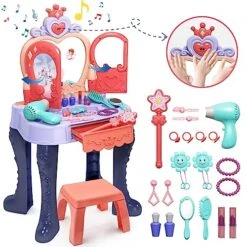Eohemeral Toddler Vanity Makeup Table With Mirror And Chair, Open Doors By Gestures,Toddler Kids Vanity Set With Music Sound & Light Magic And Accessories, Girls Vanity For Toddlers 3-5 Years Old