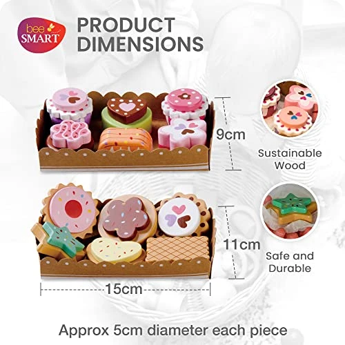 Bee Smart Tea Party Wooden Cakes & Biscuits | Kids Playset Pretend Play Food With Menu Cards & Sturdy Cardboard Trays | Childrens Role Play & Imaginary Play Kitchen Set | Birthday Gifts For Toddlers 4 Bee Smart Tea Party Wooden Cakes & Biscuits | Kids Playset Pretend Play Food With Menu Cards & Sturdy Cardboard Trays | Childrens Role Play & Imaginary Play Kitchen Set | Birthday Gifts For Toddlers - Image 2