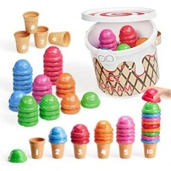 JoyCat Ice Cream Counting And Color Sorting Set For Toddlers And Kids- 65 Pieces, Montessori Stacking Fine Motor Skills Toys, Math Manipulatives Learning Toys With Storage Tub