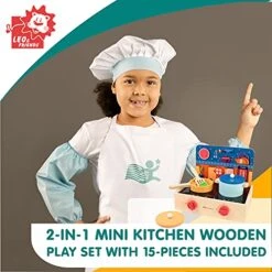 Leo & Friends 2-in-1 Mini Kitchen Wooden Play Set With 15-Pieces - Play-Pretend Toddler Toy For Girls And Boys Aged 24-Months And Older - Educational Kids Toy -Folkmanis Toys Shop 51qbLw9cG5S