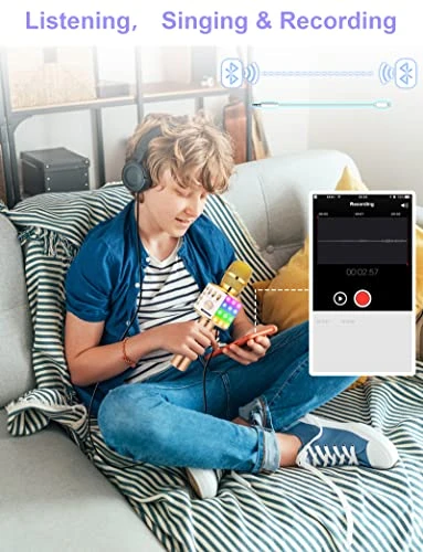 BONAOK Karaoke Microphone For Kids Adults Wireless Mic With Bluetooth Speaker Rechargeable Portable Handheld Echo Microphones With Disco Light For Party Home Outdoor Speaking Singing,Q37L (Gold) 5 BONAOK Karaoke Microphone For Kids Adults Wireless Mic With Bluetooth Speaker Rechargeable Portable Handheld Echo Microphones With Disco Light For Party Home Outdoor Speaking Singing,Q37L (Gold) - Image 3