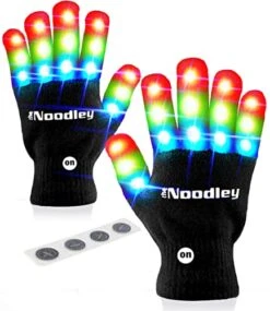 The Noodley Flashing LED Light Gloves Kids And Teen Sized With Extra Batteries Finger Toy Cosplay Halloween Costume Accessory Boys And Girls - Ages 8-12 (Medium, Black)