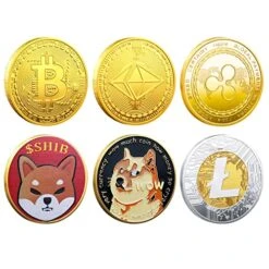 6 Pack Collectible Bitcoin Ethereum Dogecoin Shiba Litecoin Ripple Commemorative Coins, 3mm Limited Edition Cryptocurrency Coin BTC EHT GOGE SHIB XRP LTC Physical Tokens For Gift With Protective Case