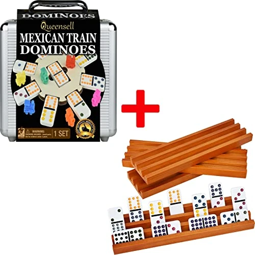 Queensell Mexican Train Dominoes Set For Adults Tile Board Game + Domino Racks For Classic Board Games - Wooden Domino Holders Set Of 4 3 Queensell Mexican Train Dominoes Set For Adults Tile Board Game + Domino Racks For Classic Board Games - Wooden Domino Holders Set Of 4