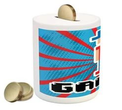 Ambesonne Video Games Piggy Bank, Blue And Red Striped Boom Beams Retro 90's Toys Boy With Cap, Printed Ceramic Coin Bank Money Box For Cash Saving, Vermilion Blue White Black