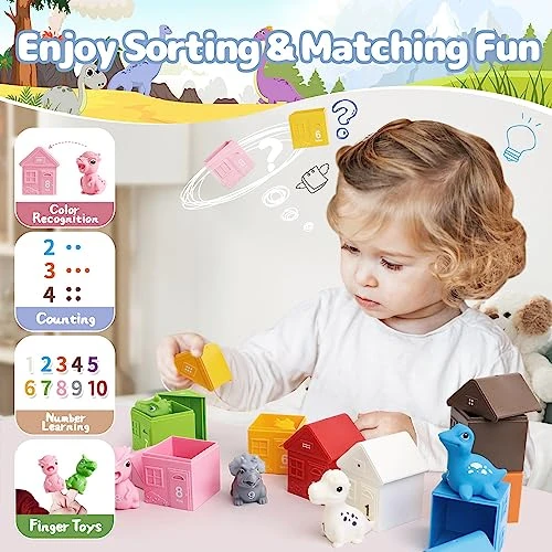 DINOTRONIC 20 Pcs Learning Toy For Toddlers 1 2 3 Year Old,Montessori Toys With Dinosaur Finger Puppets & Stacking House,Counting & Matching & Sorting Fine Motor Games,Toys For 1+ Year Old Baby 7 DINOTRONIC 20 Pcs Learning Toy For Toddlers 1 2 3 Year Old,Montessori Toys With Dinosaur Finger Puppets & Stacking House,Counting & Matching & Sorting Fine Motor Games,Toys For 1+ Year Old Baby - Image 5