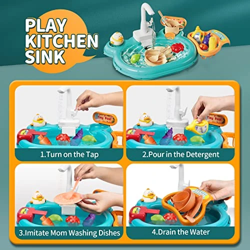 Play Sink With Running Water, 3in1 Toddler Water Toys Play Kitchen With Fishing Toys/Track/Fake Food/Tableware For Toddlers 1-3 Kitchen Toy Sink Toy Accessories-Blue 3 Play Sink With Running Water, 3in1 Toddler Water Toys Play Kitchen With Fishing Toys/Track/Fake Food/Tableware For Toddlers 1-3 Kitchen Toy Sink Toy Accessories-Blue