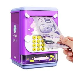 Deejoy Piggy Bank Toy Electronic Mini ATM Savings Machine With Personal Password & Fingerprint Unlocking Simulation - Music Box With Songs For Kids, Boys And Girls Age 3-8 Years (Purple)