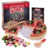 Let's Make A Pizza - Pretend Food Playset With 4 Wooden Pie Slices, 140 Felt Toppings, Wood Roller, And 3-in-1 Cardboard Box Prep Station, Oven, & Serving Table - Cute Cooking Toys For Boys & Girls