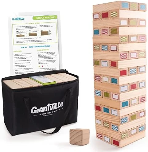 Giantville Giant Tumbling Timber Toy + Dice + Adhesives + Bag - Large Backyard Stacking Blocks Board/Floor Game - Big Wooden Yard Tumble Tower - Oversized Indoor/Outdoor Fun - Grows To Almost 4-feet 6 Giantville Giant Tumbling Timber Toy + Dice + Adhesives + Bag - Large Backyard Stacking Blocks Board/Floor Game - Big Wooden Yard Tumble Tower - Oversized Indoor/Outdoor Fun - Grows To Almost 4-feet - Image 4