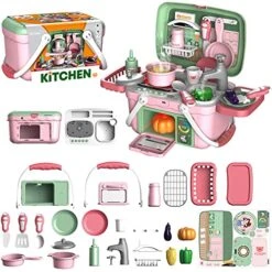 Jade Hare Kids Kitchen Playset Portable, Play Kitchen Set For Toddlers With Music & Light Kitchen Toys For Kids Ages 4-8 Toddler Sink Toy With Running Water Pretend Cooking Food