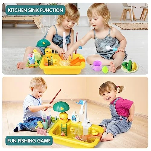Qizebaby Kids Play Kitchen Sink With Running Water, Electronic Kitchen Dishwasher Toys With Automatic Water Cycle System, Fishing Game Toys And Pretend Role Kitchen Sink Toy Gift For Boys Girls Age 2+ 7 Qizebaby Kids Play Kitchen Sink With Running Water, Electronic Kitchen Dishwasher Toys With Automatic Water Cycle System, Fishing Game Toys And Pretend Role Kitchen Sink Toy Gift For Boys Girls Age 2+ - Image 5