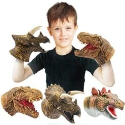 Yolococa Dinosaur Hand Puppets Realistic Latex Soft Animal Toys Set, Tyrannosaurus, Triceratops, Stegosaurus Hand Puppet Toys Gift For Kids, Party Imaginative Games, 3 Pack