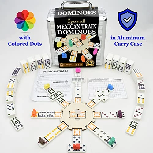 Queensell Mexican Train Dominoes Set For Adults Tile Board Game + Domino Racks For Classic Board Games - Wooden Domino Holders Set Of 4 4 Queensell Mexican Train Dominoes Set For Adults Tile Board Game + Domino Racks For Classic Board Games - Wooden Domino Holders Set Of 4 - Image 2