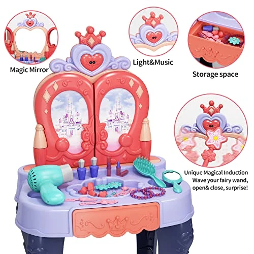 Eohemeral Toddler Vanity Makeup Table With Mirror And Chair, Open Doors By Gestures,Toddler Kids Vanity Set With Music Sound & Light Magic And Accessories, Girls Vanity For Toddlers 3-5 Years Old 4 Eohemeral Toddler Vanity Makeup Table With Mirror And Chair, Open Doors By Gestures,Toddler Kids Vanity Set With Music Sound & Light Magic And Accessories, Girls Vanity For Toddlers 3-5 Years Old - Image 2