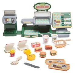 Pretend Play Burger Shop With Menu Toy Set, Kids Kitchen Playset Play Food Retro Diner Stand For Kids - Toddler Kitchen Playset Accessories Toy With Juice Drink Machines, Hamburger Fastfood- 25 PCS