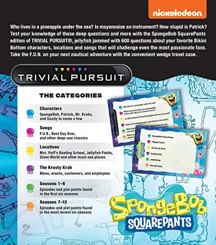 USAopoly Trivial Pursuit SpongeBob SquarePants Quickplay Edition | Trivia Game Questions From Nickelodeon's SpongeBob SquarePants | 600 Questions & Die In Travel Container | Officially Licensed SpongeBob Game 4 USAopoly Trivial Pursuit SpongeBob SquarePants Quickplay Edition | Trivia Game Questions From Nickelodeon's SpongeBob SquarePants | 600 Questions & Die In Travel Container | Officially Licensed SpongeBob Game - Image 2