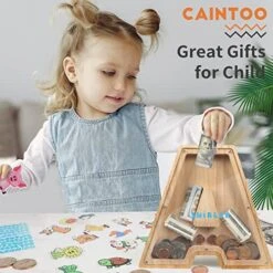 Piggy Bank For Kids Boys Girls,Wooden Letter Piggy Bank With 26 Enlish Alphabet,50 Animal Stickers,1 Number Sticker, A Small Screwdriver,Saving Box DIY Money Saving Bank(A)