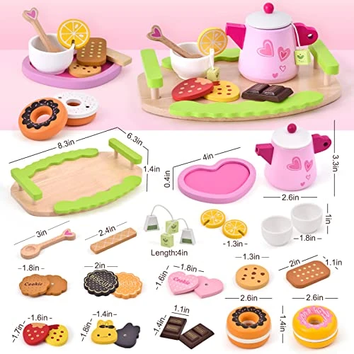 Atoylink 33 Pcs Wooden Tea Set For Little Girls Toddlers Toy Tea Party Sets Kids Pretend Play Kitchen Accessories Cute Play Food Birthday Gift (Pink) 4 Atoylink 33 Pcs Wooden Tea Set For Little Girls Toddlers Toy Tea Party Sets Kids Pretend Play Kitchen Accessories Cute Play Food Birthday Gift (Pink) - Image 2