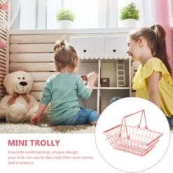 Zerodeko Small Baskets Mini Miniature Supermarket Cart, Pink Shopping Utility Hand Cart Small Supermarket Cart Photo Prop Mini House Furniture Decoration For Storage Market Basket