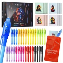 DazSpirit 32Pcs Invisible Ink Pen With UV Light, Mini Notepads & Gift Bags, Spy Pens For Kids, Top Secret Message Magic Marker, Halloween Party Favors, Disappearing Ink, Detective & Escape Room Themes