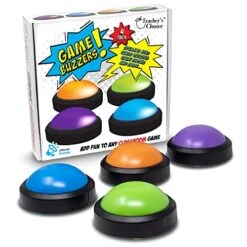 Teacher's Choice 4 Pack Game Buzzers With Unique Loud Sounds For Each Buzzer | Great For Trivia Games, Family Feud, Jeopardy, Competition, Spelling Bees And More