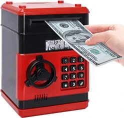 Piggy Bank, Birthday Toys Gifts For 4 5 6 7 8 9 10 Year Old Boys Girls, Electronic Real Money Coin ATM Machine, Plastic Large Saving Bank Safe Lock Box, Kids Kawaii Cute Stuff (Black Red)