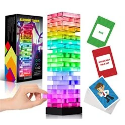 Family Games For Kids Adults,Light Up Tumble Tower With 3 Flash Mode,Stacking Board Games With 50 Funny Cards,Great Party Games For Game Night Family Gatherings Camping Travel,Fun Games Toy Gift Ideas