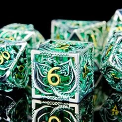 Cttasty DND Dice Set Hollow Metal Dice Set Handmade 7pcs Polyhedral Dice Set DND RPG MTG Role Playing Game Dice Set D&D Dice With Gift Case For DND Dungeons And Dragon (Green Gold) -Folkmanis Toys Shop 61 JWH oxaL. AC