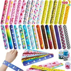 JOYIN 100 PCs Slap Bracelets Toys Valentines Day Party Favors (30 Designs) With Colorful Hearts Animal And Unicorn, Valentine Classroom Prizes Exchanging Gifts