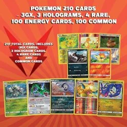 POKÉMON Trading Card Game 210 Assorted Cards – 3 GX, 3 Holograms, 4 Rare, 100 Energy, 100 Common Cards