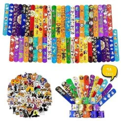 98 Pcs Halloween Party Supplies, Including 48 Halloween Slap Bracelets Bulk Slap Bands And 50 Halloween Stickers For Halloween Party Favors Supplies For Kids, Halloween Goodie Bags Stuffers For Kids