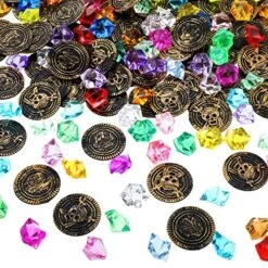 Ferraycle 200 Pieces Halloween Pirate Party Favors Pirate Treasure Pirate Coins And Pirate Gems Jewelry Playset Pirate Coins Gem For Pirate Party Decorations (Bronze,Retro Style)