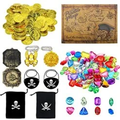 Share Hedgehog 182pcs Pirate Treasure Party Favors Fake Gold Coins Treasure Map Colorful Gems Pirate Eye Patch Plastic Compass For Halloween Cosplay Pirate Themed Party Pirate Games For Kids